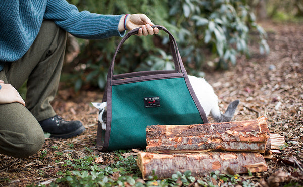Marcus the cat walking inside of the Firewood Carrier.
